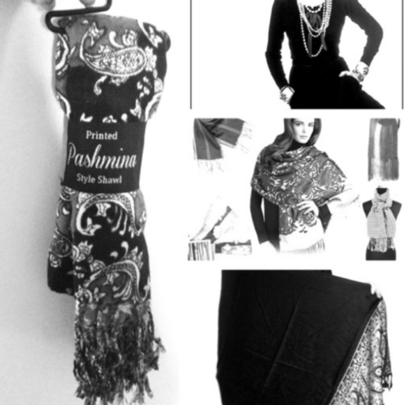 Pashmina Black White and Grey Printed Style Shawl NWT - Picture 3 of 5